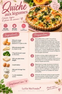 Fiche recette de la quiche aux légumes d'automne avec courge butternut, panais et brocoli