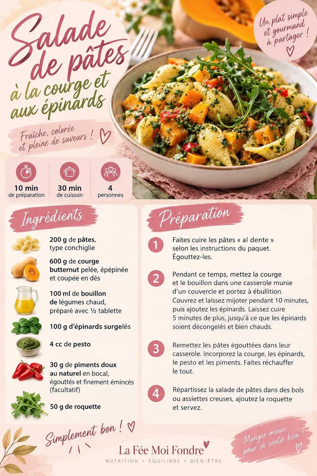 Salade de pâtes à la courge butternut, épinards, roquette et pesto dans un bol